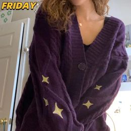 Womens Sweaters Autumn Speak Style Now Purple Cotton Cardigan Women Winter Female Star Embroidered Knitted Sweater Y2k Long Tops 231214