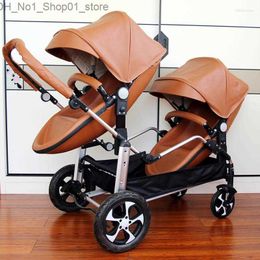 Strollers# Strollers 2023 Luxury Pu Leather Baby White Twin Stroller Carriage Double Twins Eggshell Car Q231215