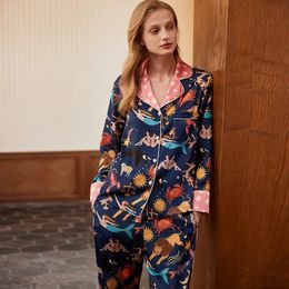 Womens Sleepwear QSROCIO Women Spring Summer Imitation Silk Pajamas Long Sleeved Cardigan Pants Blue Cartoon Print Home Clothing 231213