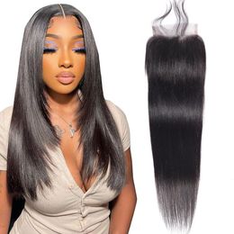 Straight 4x4 Lace Closure Brazilian Virgin Human Hair Transparent Swiss Lace Free Part Pre Plucked with Baby Hair Natural Black