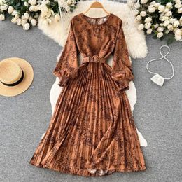 Casual Dresses Women Dress Pleated High Waist Belted Tight A-line Loose Hem Long Lantern Sleeve Round Neck Retro Print Slim Fit Lady Fall