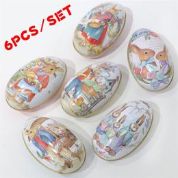 6 Pieces Easter Bunny Dress Printing Alloy Metal Trinket Tin Easter Eggs Shaped Candy Box Tinplate Case Party Decoration Z1123234Q