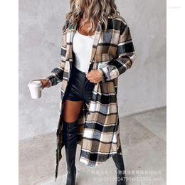 Women's Trench Coats Autumn Plaid Shirt Jackets Casual Y2K Flannel Long Coat Women Buttoned Pocket Design Longline Outwear