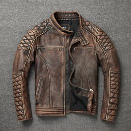 Men's Leather Faux Vintage Motorcycle Jacket Stand Collar Natural Cowhide Classic Top Layer Moto Suit Biker Clothing 231214