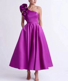 New Design A-line Purple Prom Formal Dress 2024 Ankle Length Ruffles One Shoulder Satin Evening Party Gowns Vestidos De Feast Robe De Soiree