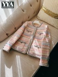 Womens Jackets Brand Designer Luxury Women Wool Tweed Jacket Elegant Ladies Rainbow Pink Twill Coat Buttons Pockets O Neck Party Outwear Tops 231214