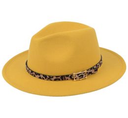 Fashion Wide Brim Fedora Hats Leopard Print Belt Decorate Wool Felt Fedoras Hat Caps Men Women Jazz Panama Cap Trilby Sombrero3836599