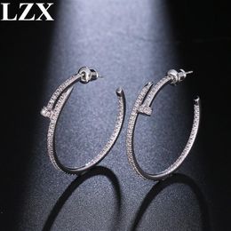 LZX New Trendy Big Round Loop Earring White Gold Color Luxury Cubic Zirconia Paved Hoop Earrings For Women Fashion Jewelry292P