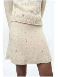 Skirts Autumn Female Casual Knitted A-Line Skirt Girls Cute Pearl Decoration Fashion High Waist White Mini