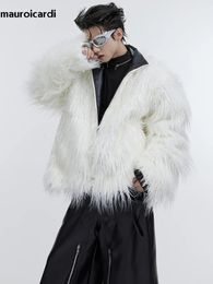 Men's Fur Faux Fur Mauroicardi Winter Short White Thick Warm Shaggy Hairy Soft Faux Mongolian Fur Coat Men High Quality Luxury Fluffy Jacket 231213