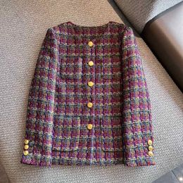 2024 Spring Purple Plaid Tweed Jacket Long Sleeve Round Neck Double Pockets Single-Breasted Jackets Coat Short Outwear Z3D1252673