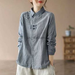 Women's Blouses Shirts Grey Button Cotton Linen Embroidered Plaid Shirt Top For Women's Spring/summer New Long Sleeved Top YQ231214