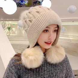 BeanieSkull Cap Winter Peruvian Beanie Hat Ski Fleece Lined Ear Flaps Hats With Rabbit Fur Pompoms S2591 231212