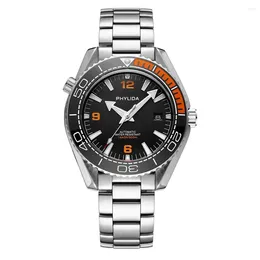 Wristwatches PHYLIDA 43.5mm Men's Automatic Watch Black With Orange Dial Sapphire Crystal Ceramic Insert Nh35 Movement 500m Bracelet Clasp