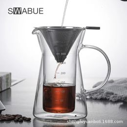 Coffee Pots Swabue 300ml Double Wall Glass Coffee Tea Pot with Stainless Steel Philtre Heat Resistant Borosilicate Glass Carafe Maker Brewer 231213