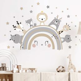 Cartoon Cute Animals on the Rainbows Stars Wall Stickers for Kids Room Baby Nursery Wall Decals Giraffe Hippo Cat Home Decor DIY