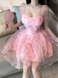 Casual Dresses WOMENGAGA Pink Mesh Mini Dress Transparent Sexy Flower Puff Sleeves Super Sweet Princess Elegant Girl Tops 3P02