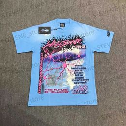 Men's T-Shirts Hellstar Cotton T-shirt Vintage Wash Blue Tie Dye Print 1 1 Label High Quality Couple Top Short Sleeve T231214