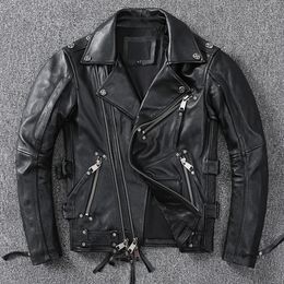 Men's Leather Faux Leather Black Motorcycle Leather Jacket Men Natural Genuine Cowhide Slim Fit Vintage Brown Mens Biker Racer Jackets Oblique Zipper S~9XL 231213