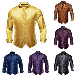 Men's Vests Fashion Mens Silk Shirts Set Paisley Gold Black Red Blue Waistcoat Shirt Tie Hanky Cufflinks Wedding Business Party Hi-Tie