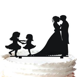 Family wedding cake topper-kissing bride and groom and two girls 37 Colour for option 201T