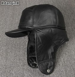 XdanqinX Genuine Leather Hat For Men Winter Warm Bomber Hats Earmuffs Plus Velvet Thick Sheepskin Hooded Ski Cap Dad Winter Caps T1885235