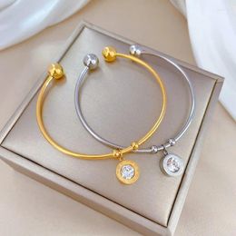 Charm Bracelets Fashion Gold Plated Stainless Steel Bracelet Engraved Pendant Roman Numerals Bangle For Women