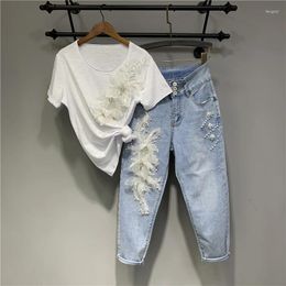 Women's Two Piece Pants 2023 Summer Heavy Industry Beads Flower White Suit Short-Sleeved T-shirt Blue Jeans For Women Outfits Tops And Set