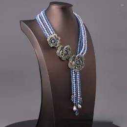 Pendant Necklaces Vintage Elegance Blue Multi-layer Beaded Tassel Necklace High Quality Metal Flower Rhinestone Women's Dress Accessories