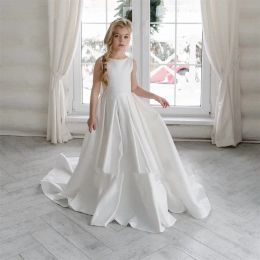 Simple Long Ivory Flower Girl Dresses Jewel Neck Satin Sleeveless with Bow A Line Floor Length Custom Made for Wedding Party