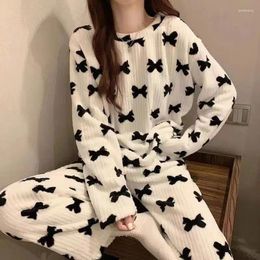 Women's Sleepwear Winter Women Pyjamas Set Fleece Bow Print Velvet 2 Piece Pant Home Suit Fluffy Cute Warm O-neck Night Wear