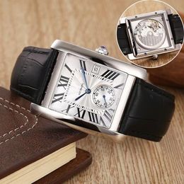 Factory men watch Tanks W5330003 mens automatic mechanical watches white dial glass stainless steel Leather strap Wristwatch329a