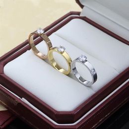 Europe America Style Men Lady Women Titanium steel 18K Gold Engraved Letter Four Prong Setting Single Diamond Lovers Narrow Rings 279f