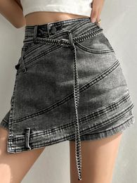 Women's Shorts MODX Denim Skirt High Waist Irregular Chain Spliced Gray Skirts Female Tide Summer 2023 Women Clothing