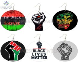 SOMESOOR Black Forever Power Fist Collections African Wooden Drop Earrings AFRO RASTA Sayings Designs Jewelry For Women Gifts5934165