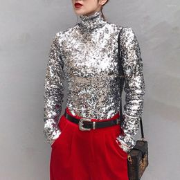 Women's T Shirts Autumn Winter Glossy Sequin T-Shirts Silver O-neck Top Long Sleeve Plus Size Glitter Party Club Shirt