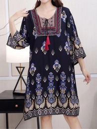 Casual Dresses Spring Summer Floral Printed Midi Womans Minority Ethnic Bohemian Style Fashion O Neck Lace-up Tassel Loose Dress