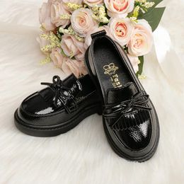 Dress Shoes Kids Fashion Girls English Style Bowknot Soft Anti slip Leather Black Shallow Party Casual 231214