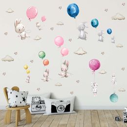 Cartoon Watercolor Bunnies Wall Stickers for Kids Room Colorful Balloons Animals Home Decor Friendly Rabbits Baby Bed Decoration