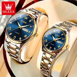 Wristwatches OLEVS Couple Watches Fashion Stainless Steel Date Week Dial Waterproof HD Luminous Wristwatches for Men and Women Gift Box Set 231213