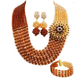 Necklace Earrings Set Amazing! Brown And Champagne Gol AB Crystal Beaded Nigerian Wedding African Beads Jewelry For Women