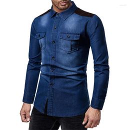 Men's Casual Shirts 2024 Spring Denim Men Long Sleeve Patchwork Fashion Shirt For Mens Jean Cardigan Tops Vintage Slim Fit