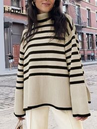 Women's Knits Tees Black And White Stripe Sweater Streetwear Loose Tops Women Pullover Female Jumper Long Sleeve Turtleneck Knitted Ribbed Sweaters 231213