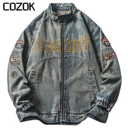 Men's Jackets American Vintage Denim Jacket for Men Spring Heavy Industry Loose Letter Embroidery Coat Unisex Varsity Casual Baseball Outwear 231214