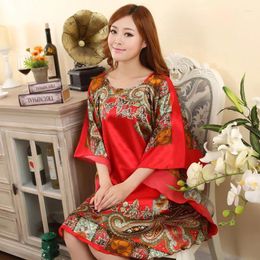 Women's Sleepwear Red Size Female Faux Silk Bath Robe Gown Summer Lounge Looose Print Nightdress Women Sexy Nightgown