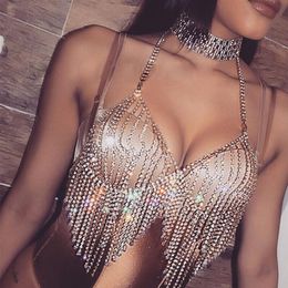 Sexy Women Nightclub Bling Rhinestones Party Body Chain Jewellery Bikini Waist Gold Belly Beach Harness Slave Necklace Bra Cami Tops297n