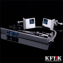 Cuff Links KFLK High Quality links necktie clip for tie pin men's gift Blue Crystal bars cufflinks set Jewellery 231212