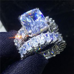 Vecalon Vintage Ring Sets 925 sterling silver Princess cut Cubic Zirconia Engagement Wedding band rings for women men Jewellery CX20189g