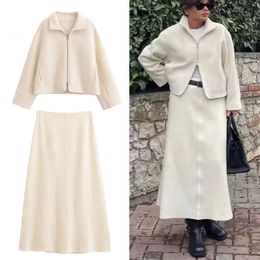 Ethnic Clothing TRAF Woman's Fashion Wool Blend Midi Skirt Vintage High Waist Women Long 2024 Autumn Casual A Line Skirts Jacket Coat Sets 231213