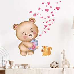 Hand-paint Brown Bear with Heart Shape Wall Stickers for Kids Room Baby Nursery Room Wall Decals Animals Home Decorative Sticker